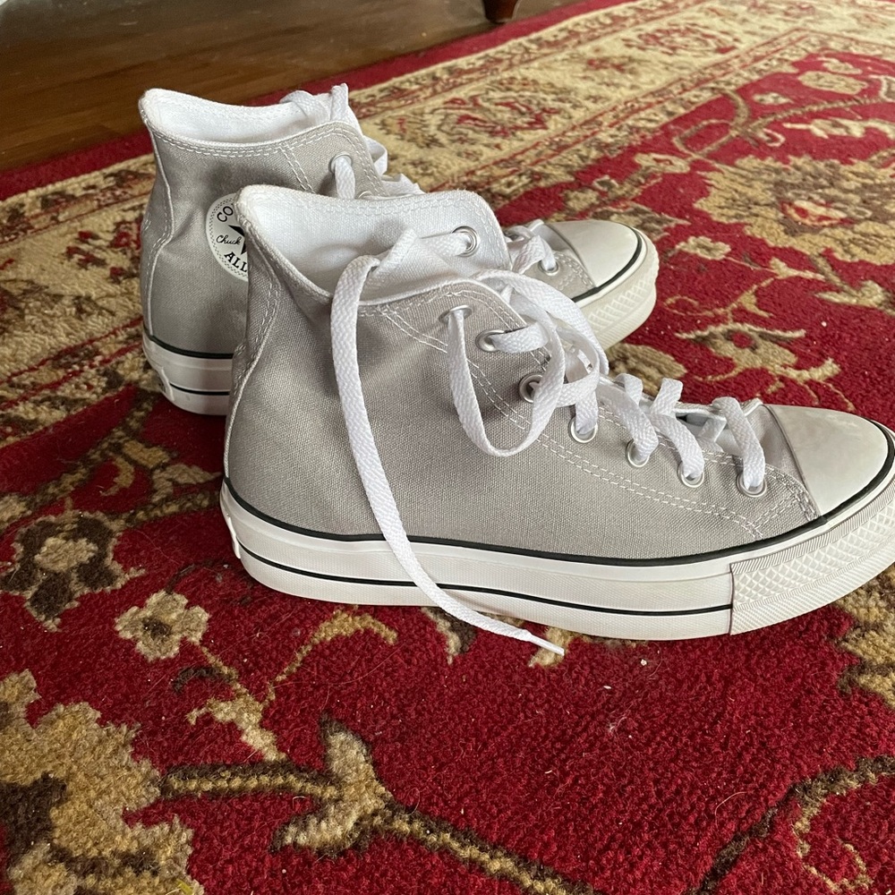 gray & white custom platform converse